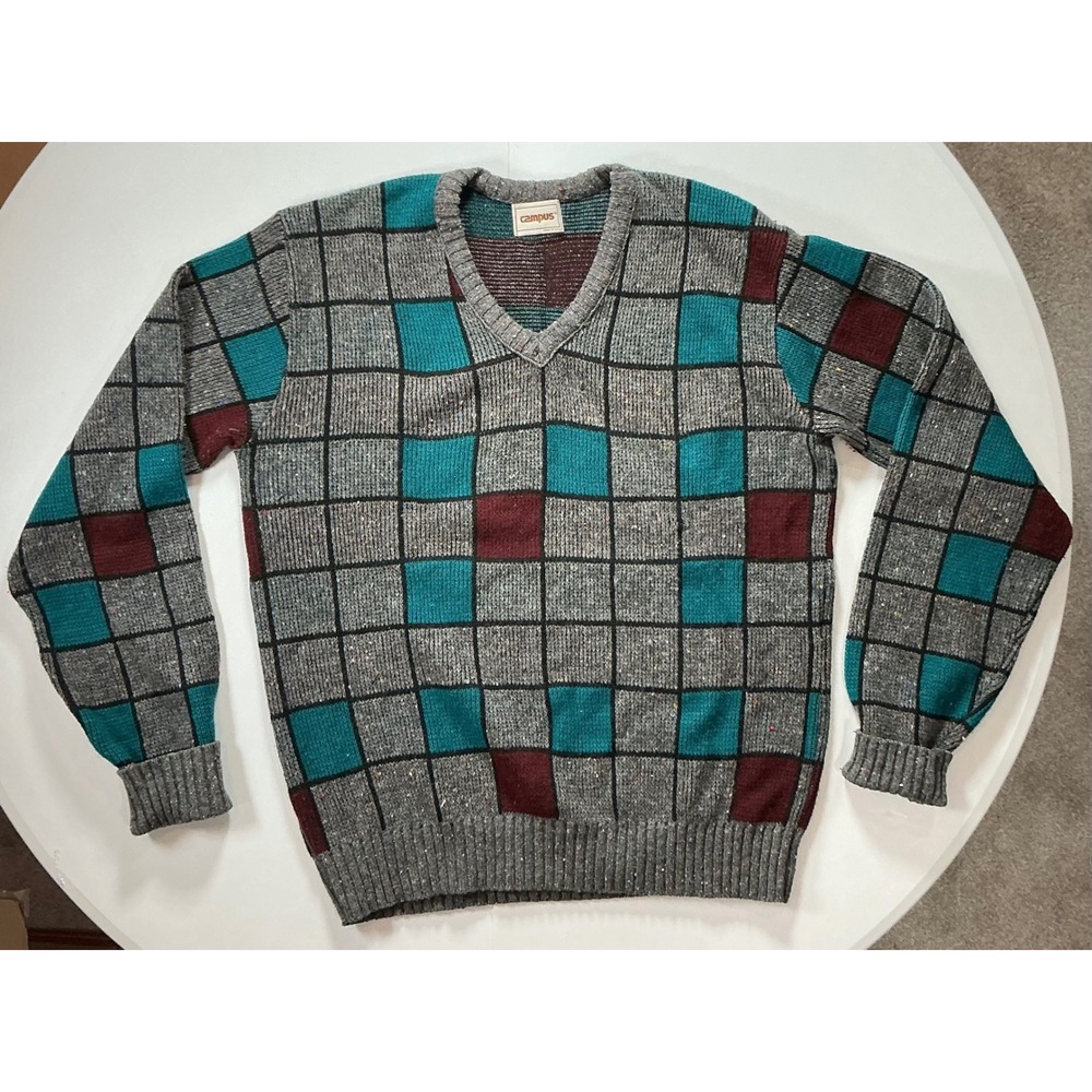 Vintage Campus USA Made Grey Geometric Wool Blend Grandpa Mens L V Neck Sweater